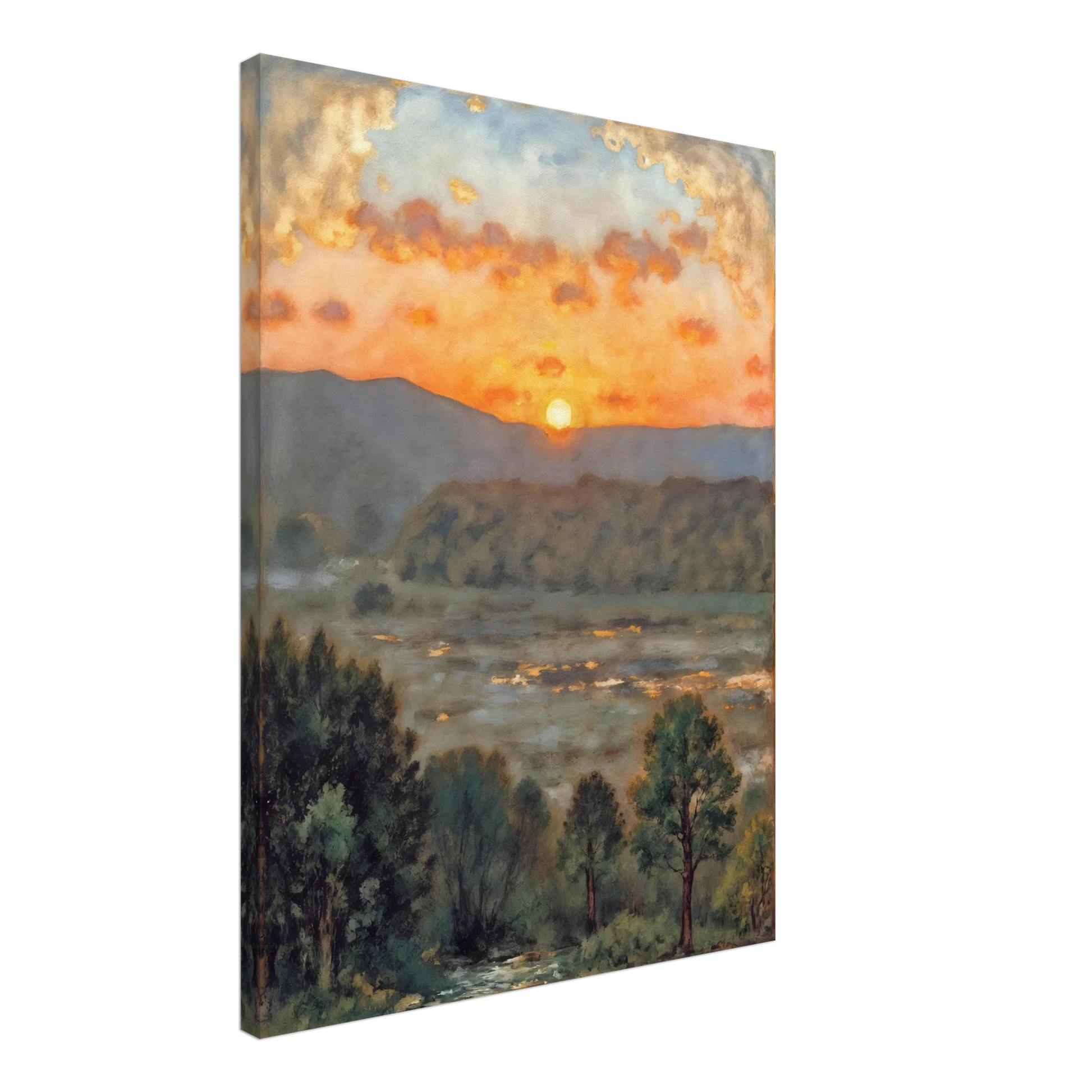 A glowing sunset over misty hills and a river valley, where the sky burns in orange light above soft green trees.