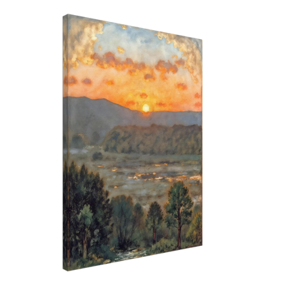 A glowing sunset over misty hills and a river valley, where the sky burns in orange light above soft green trees.