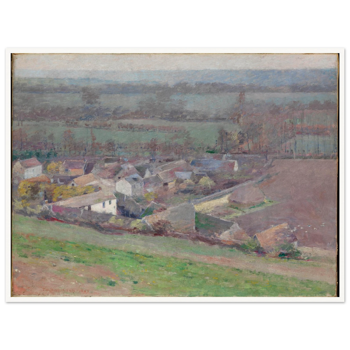 A soft village landscape seen from above, with rooftops, fields, trees, and hazy distant hills.