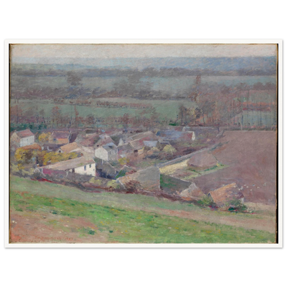 A soft village landscape seen from above, with rooftops, fields, trees, and hazy distant hills.