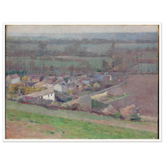 A soft village landscape seen from above, with rooftops, fields, trees, and hazy distant hills.