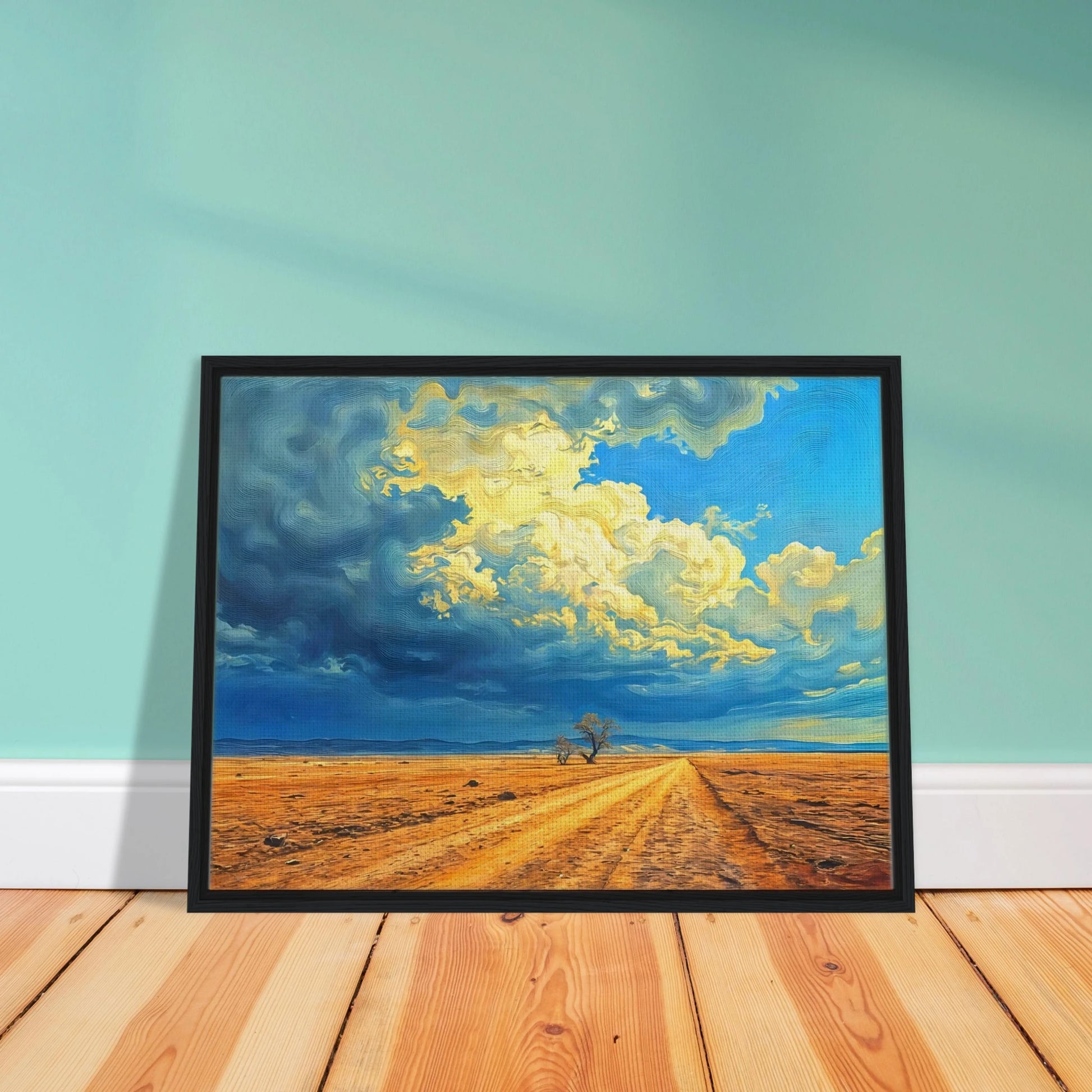 A golden dirt road stretches through an open desert under swirling clouds of blue and gold, evoking strength and solitude.