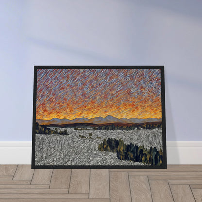Vibrant orange sunset over distant mountains with textured sky and patterned fields in the foreground.
