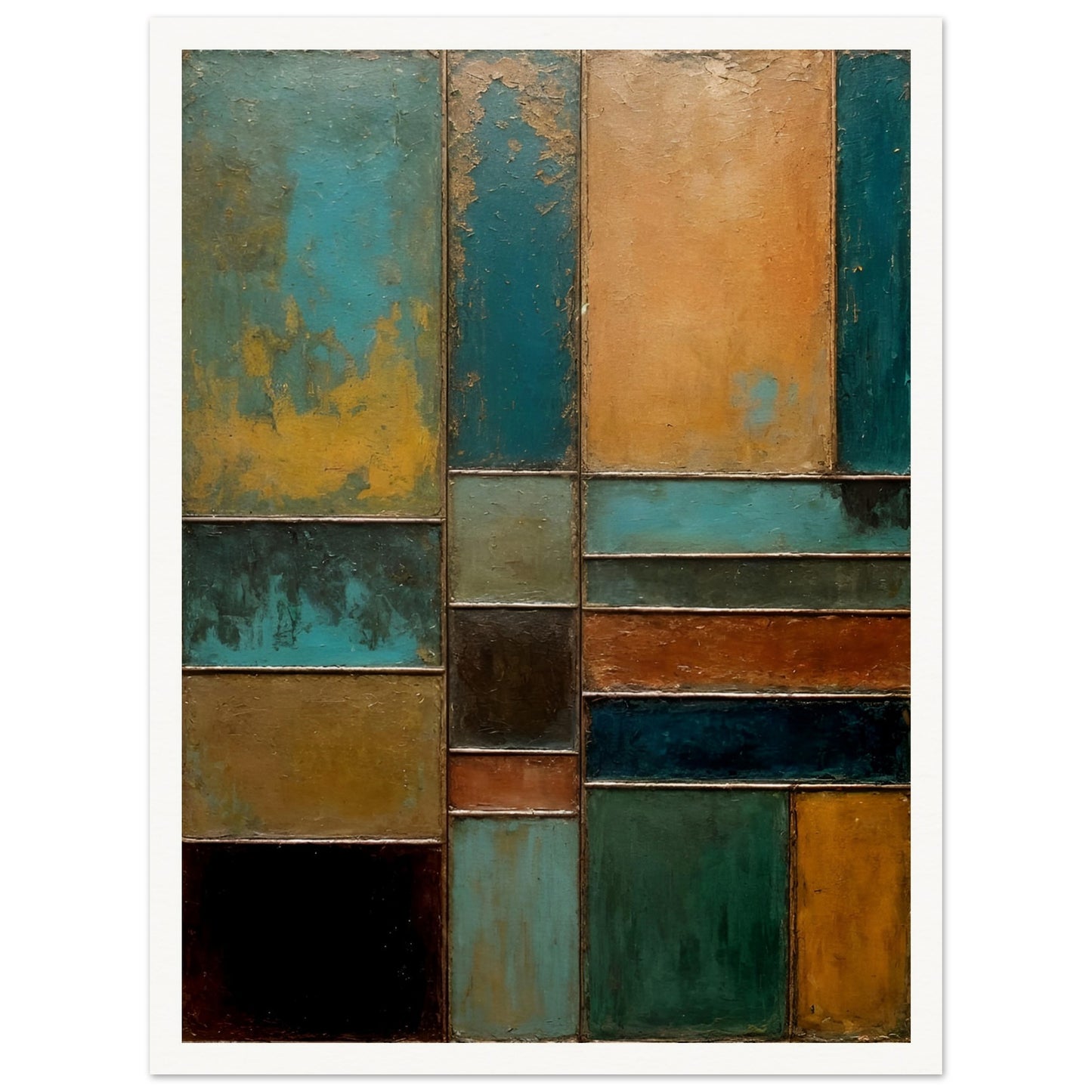 A textured abstract painting featuring geometric panels in shades of turquoise, rust, gold, and black, resembling weathered metal and patina.