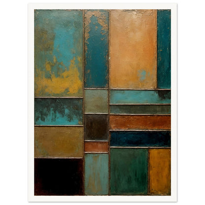 A textured abstract painting featuring geometric panels in shades of turquoise, rust, gold, and black, resembling weathered metal and patina.