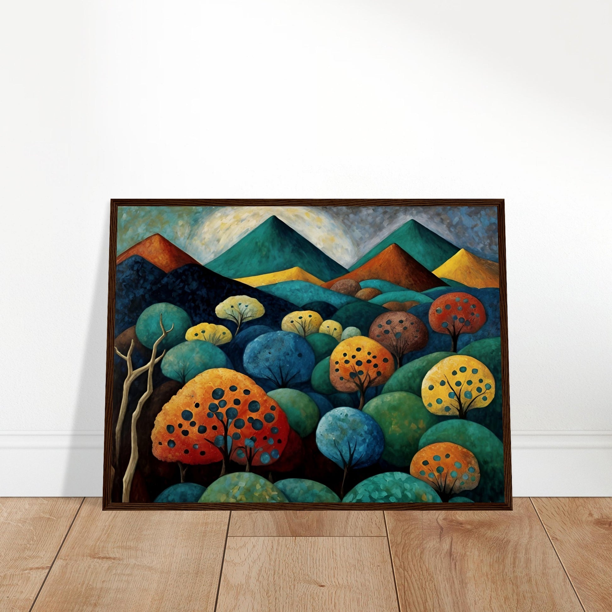 A surreal landscape painting of a lush valley filled with vibrantly colored trees in shades of blue, orange, yellow, and green, with layered mountains in the background under a cloudy sky.