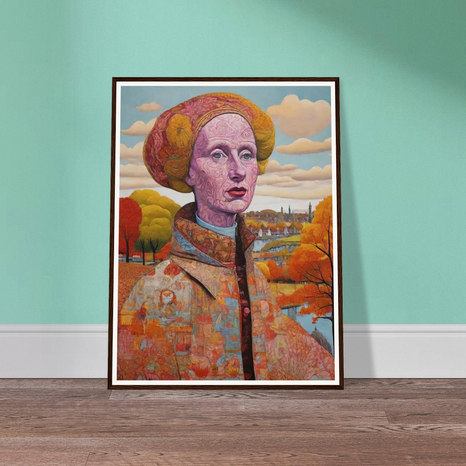 "A striking portrait of a woman with intricate patterns on her face, set against an autumnal landscape with vibrant orange and yellow trees."