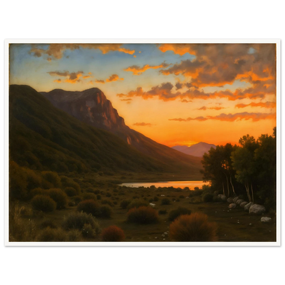 A warm landscape with a winding orange path lined by golden trees under a turquoise sky, leading toward a distant sea.