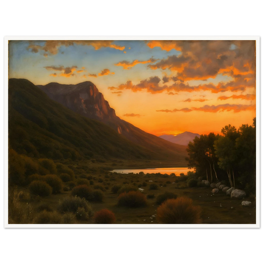 A warm landscape with a winding orange path lined by golden trees under a turquoise sky, leading toward a distant sea.