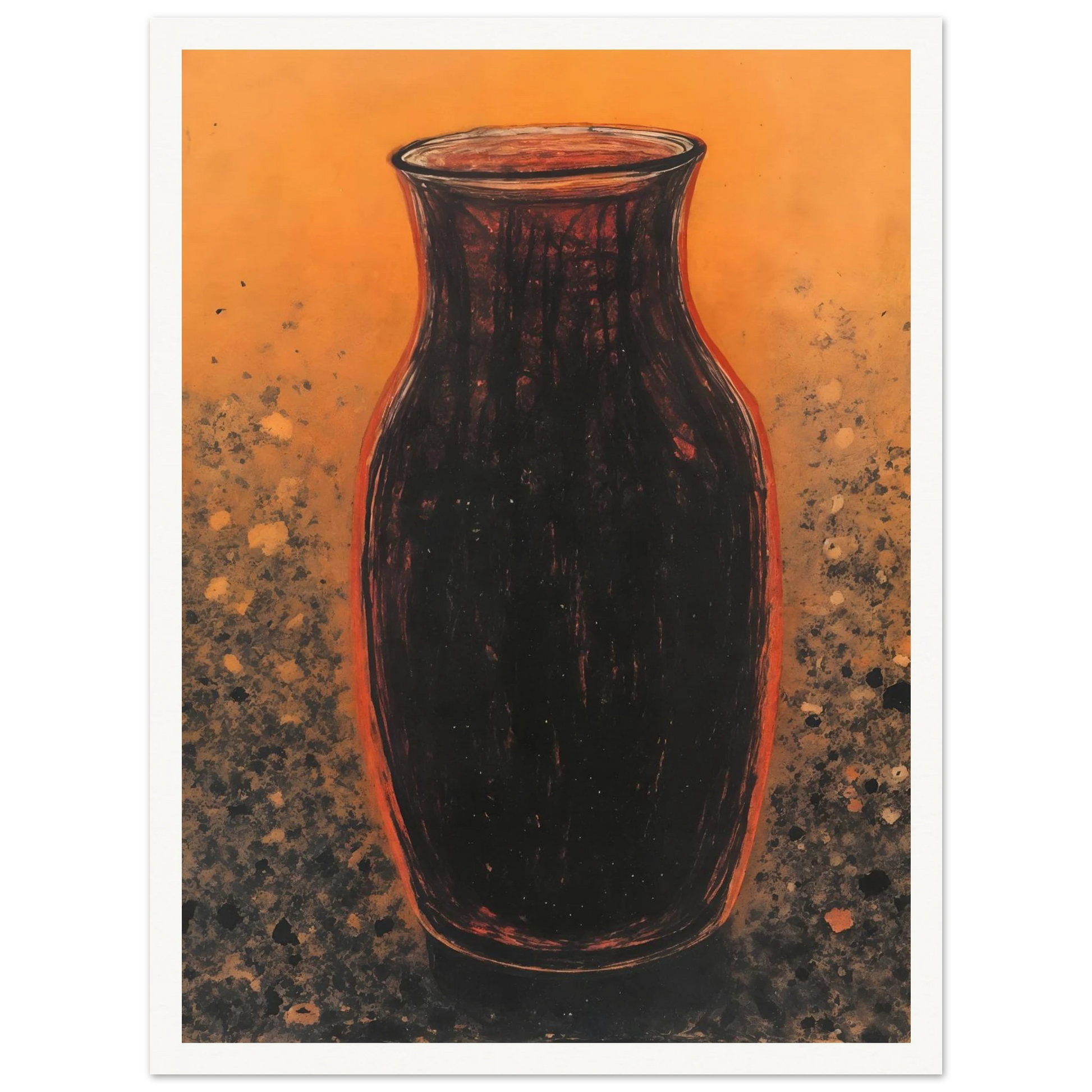 Dark sculptural vase rises against a glowing amber field with textured speckled earth tones, evoking warmth and ancient elegance.