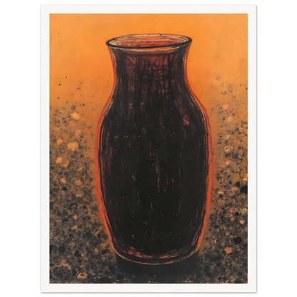 Dark sculptural vase rises against a glowing amber field with textured speckled earth tones, evoking warmth and ancient elegance.