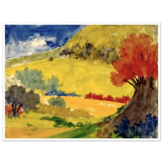 Red tree rises beside golden hills, green fields, and a deep blue sky in a bright countryside scene.