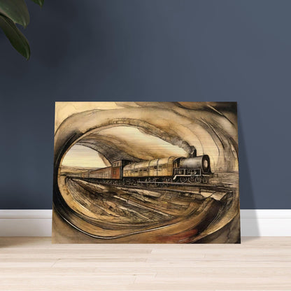 "A detailed painting of a steam engine train traveling through a tunnel, with a sepia-toned landscape surrounding the scene, evoking a sense of vintage travel."