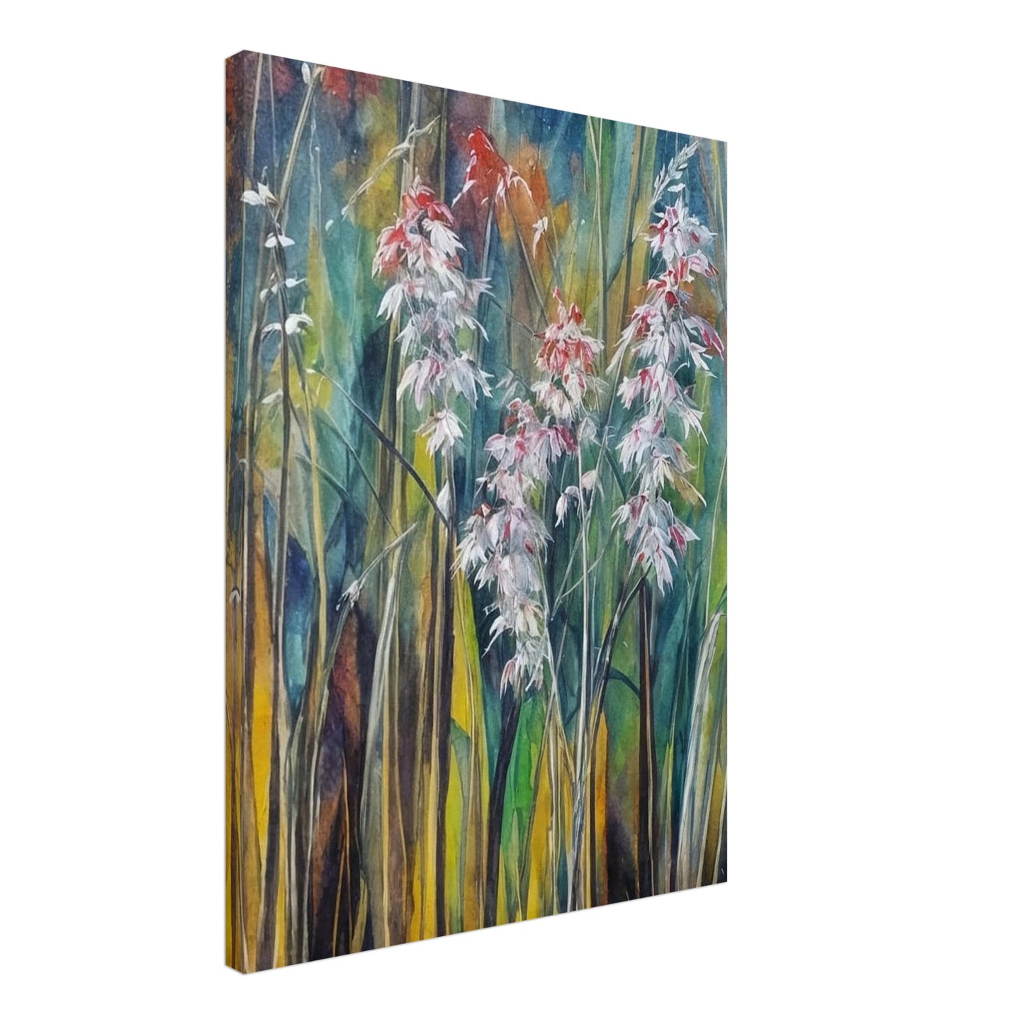 Delicate white and red wildflowers rise among tall, slender grasses, set against a softly textured background of green, blue, and golden hues.