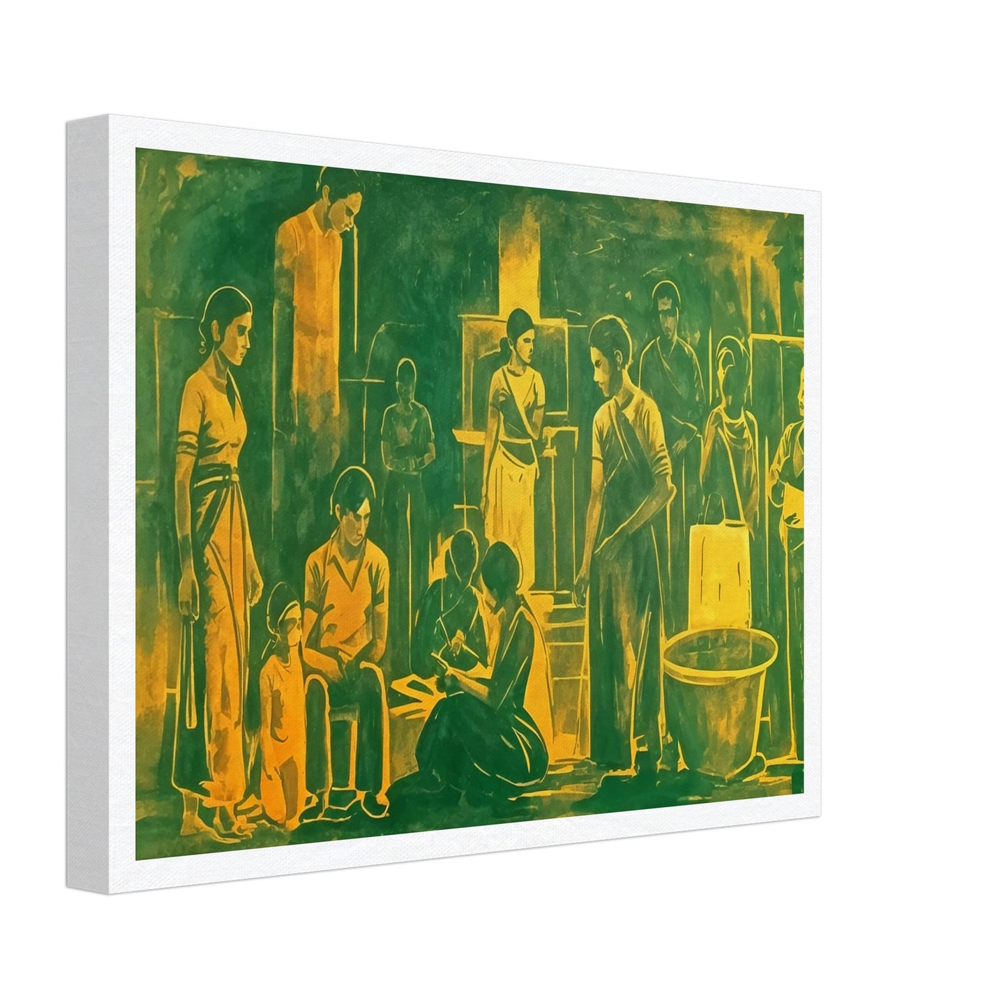 An evocative painting depicting a group of people gathered in a communal space, engaged in various activities. The figures are rendered in warm green and yellow tones, creating a harmonious and unified atmosphere. The scene captures a moment of interaction and shared experience, with each character absorbed in their own task, yet connected to the collective setting. The composition is filled with a sense of quiet strength and unity, highlighting the bonds within the community.