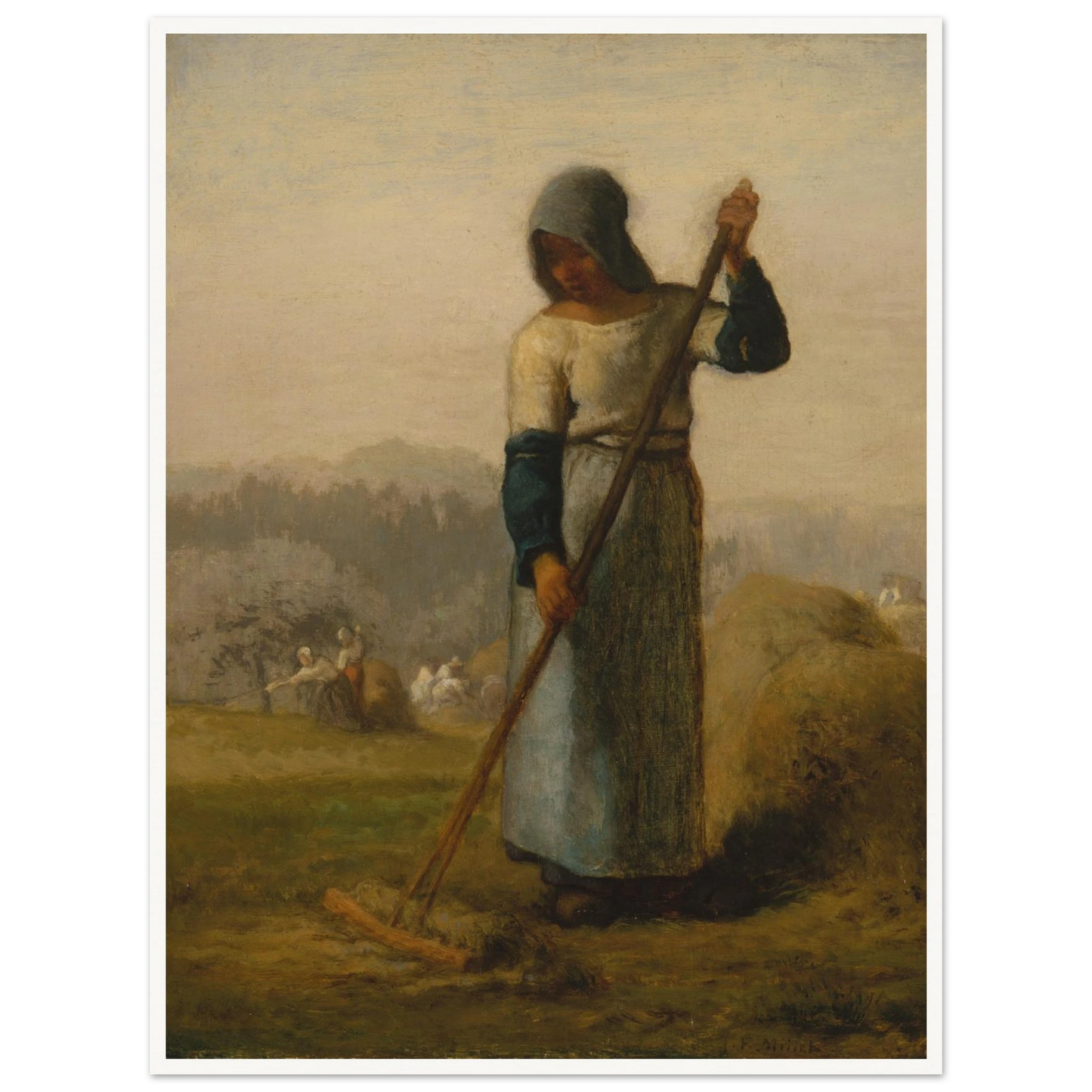 A peasant woman holds a wooden rake beside a haystack as farm workers gather hay in a distant field.