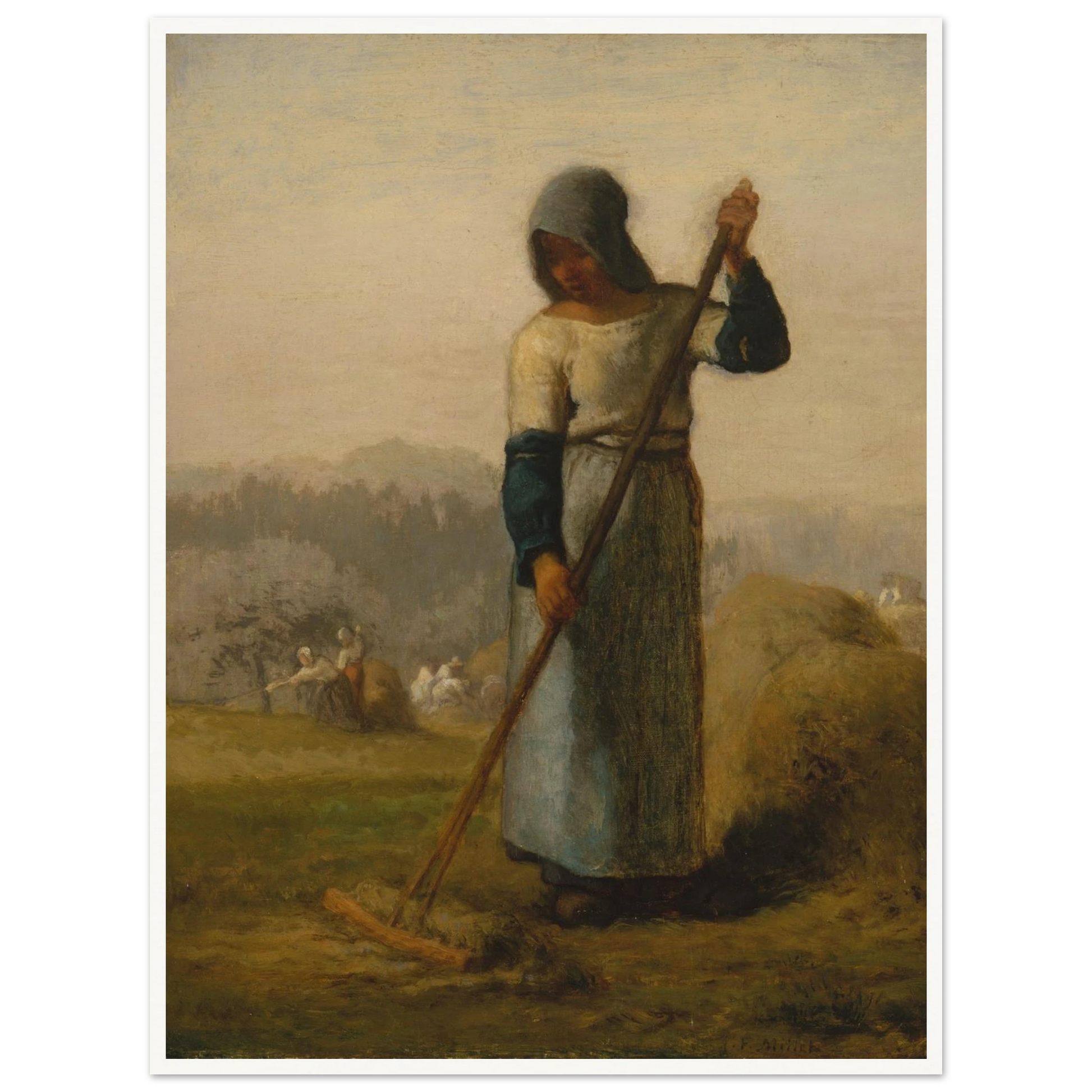 A peasant woman holds a wooden rake beside a haystack as farm workers gather hay in a distant field.