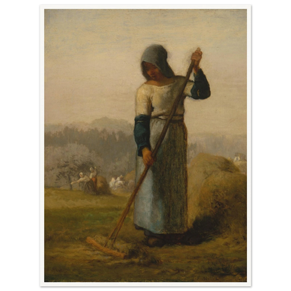 A peasant woman holds a wooden rake beside a haystack as farm workers gather hay in a distant field.
