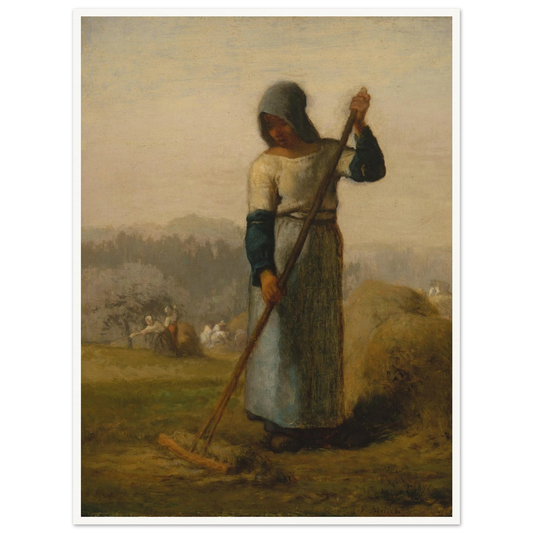 A peasant woman holds a wooden rake beside a haystack as farm workers gather hay in a distant field.