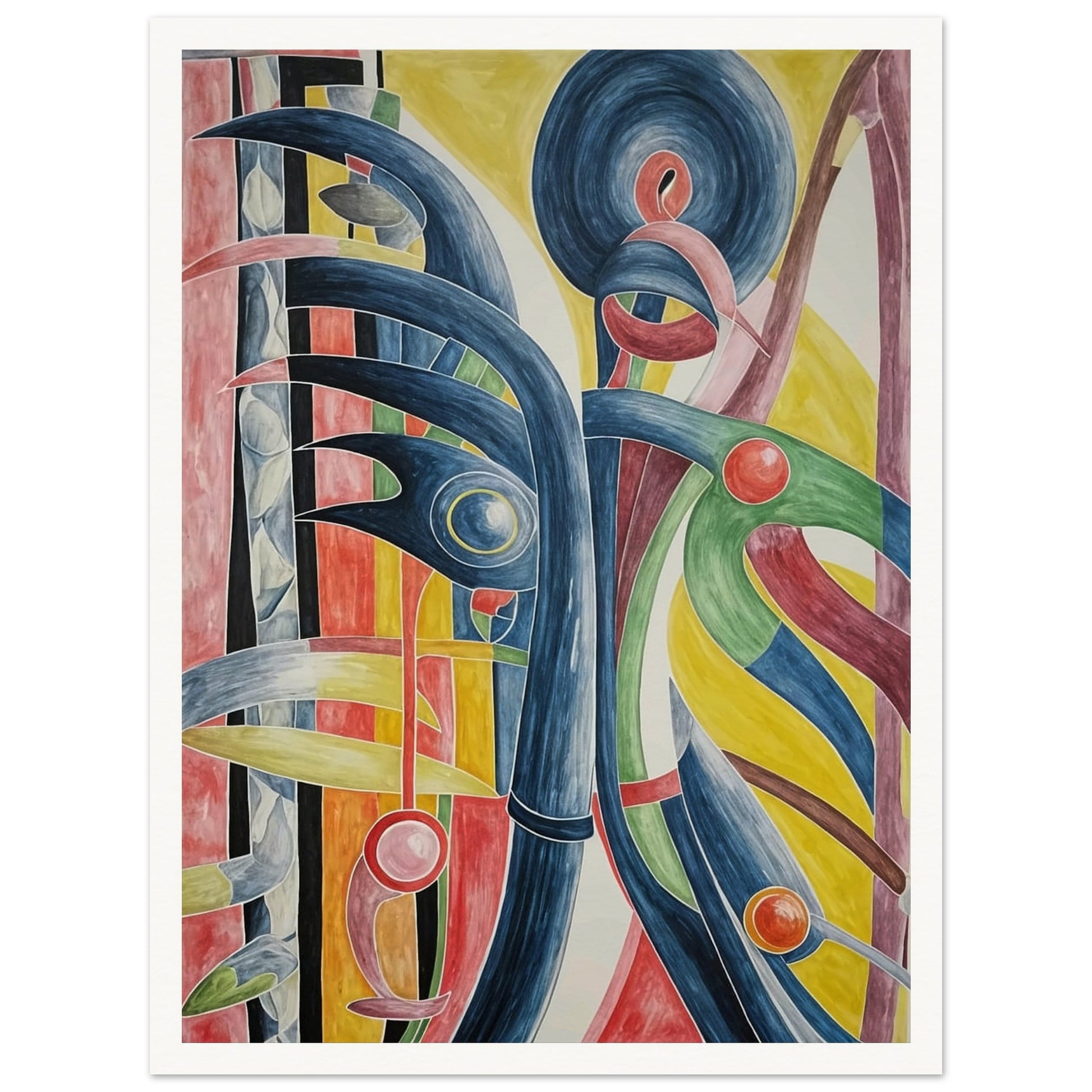 An abstract artwork featuring dynamic curves and circles in bold, contrasting colors, evoking movement and energy.