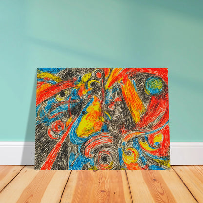 Explosive swirling lines of red, blue, yellow, and black collide in a high-energy abstract composition filled with motion and intensity.