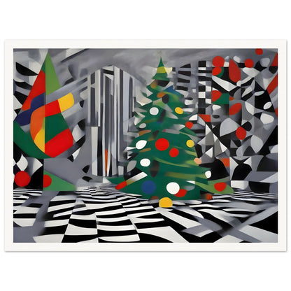 An abstract holiday scene featuring geometric Christmas trees with vibrant ornaments, set against a monochromatic patterned background.