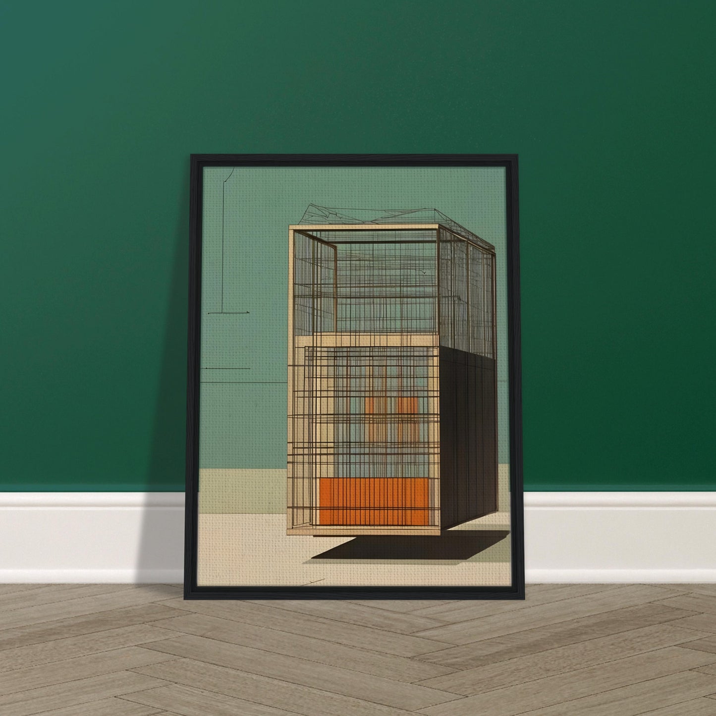 A minimalist artwork showcasing a geometric architectural structure with clean lines, open framework, and neutral tones against a green backdrop