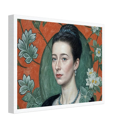 Realistic portrait of a woman with a calm expression, surrounded by intricate floral patterns in soft green and orange tones