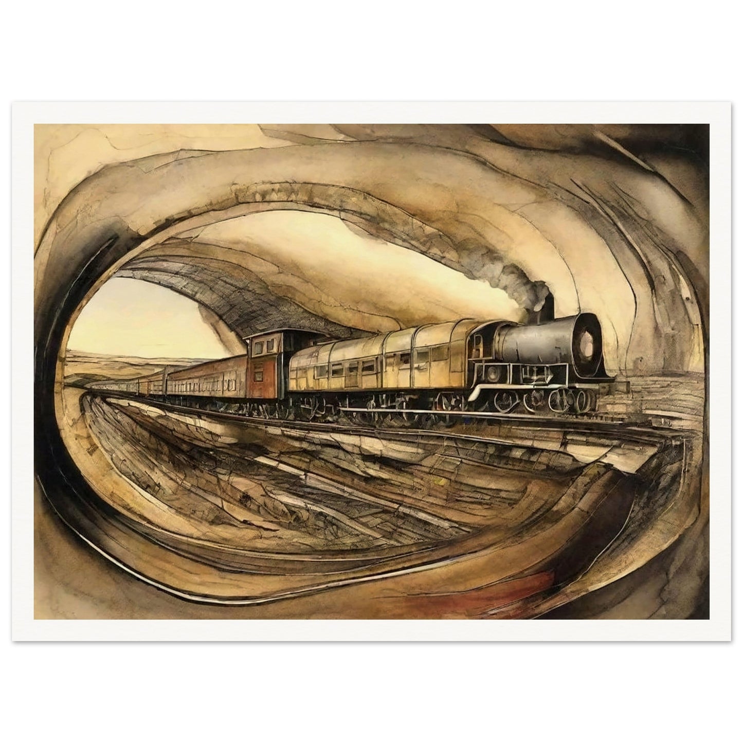 "A detailed painting of a steam engine train traveling through a tunnel, with a sepia-toned landscape surrounding the scene, evoking a sense of vintage travel."