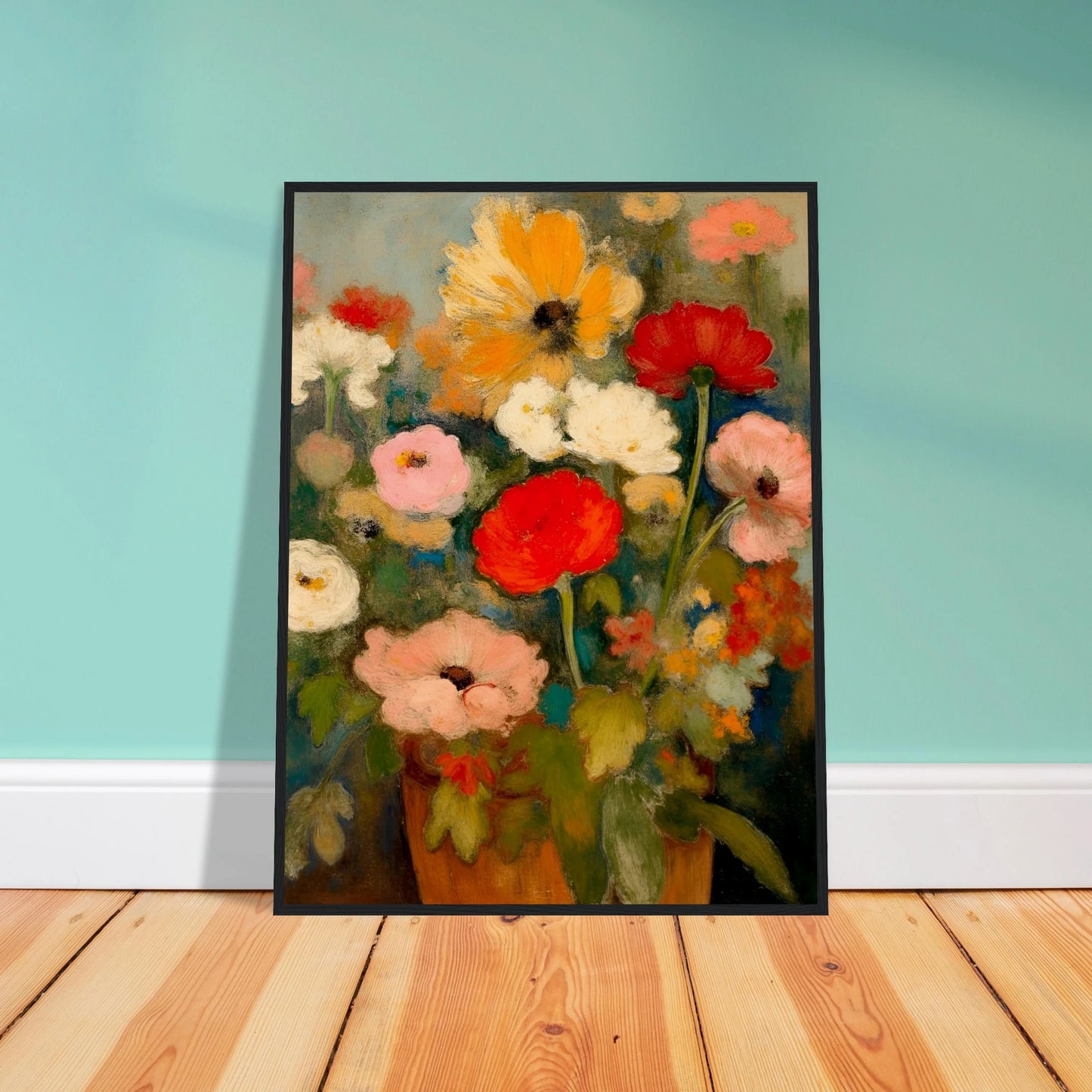 Red, pink, white, and yellow flowers rise from an earthen vase against a soft green-blue background.