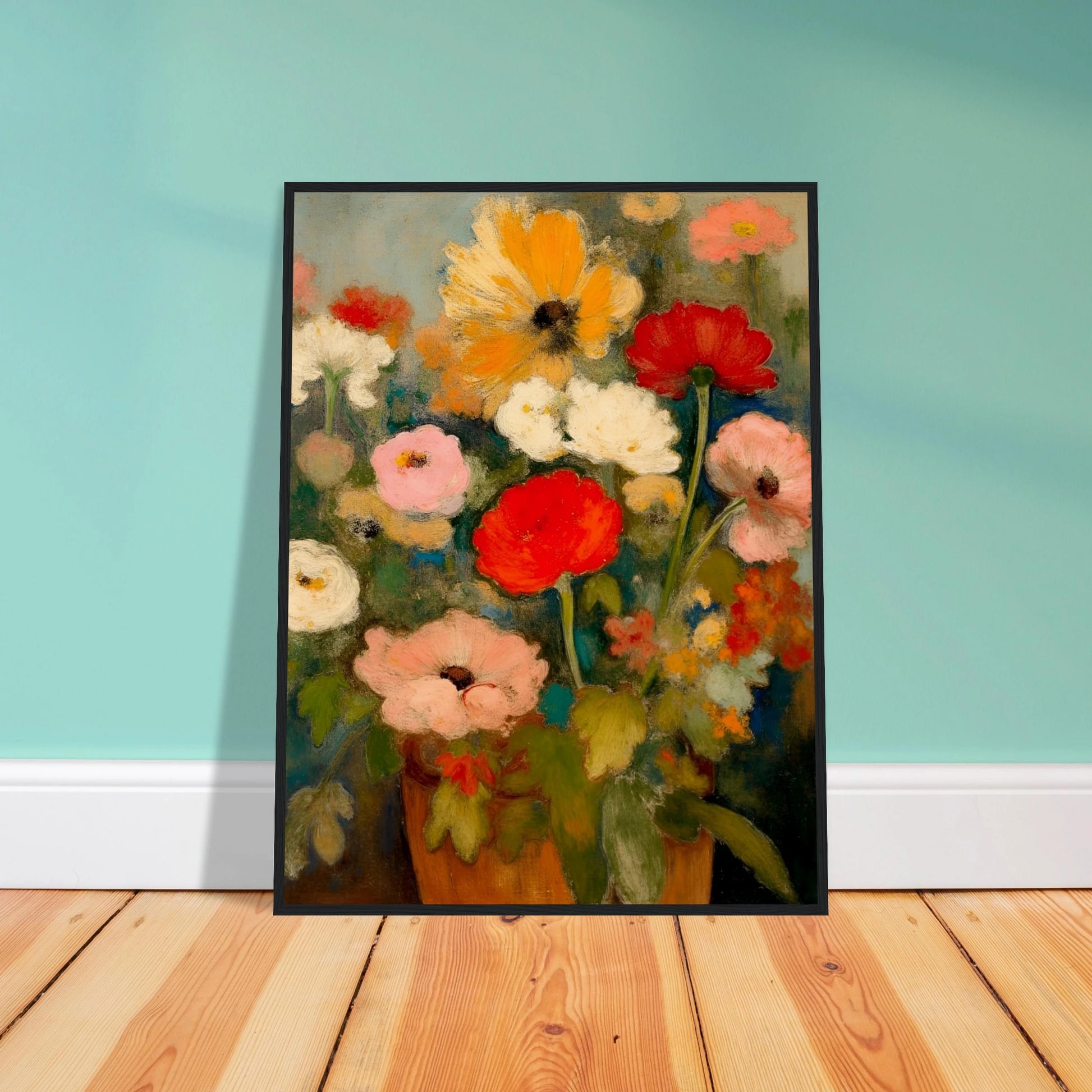 Red, pink, white, and yellow flowers rise from an earthen vase against a soft green-blue background.