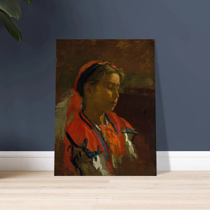 A girl depicted in profile looking downward, wearing a vibrant red headscarf and traditional embroidered folk attire.
