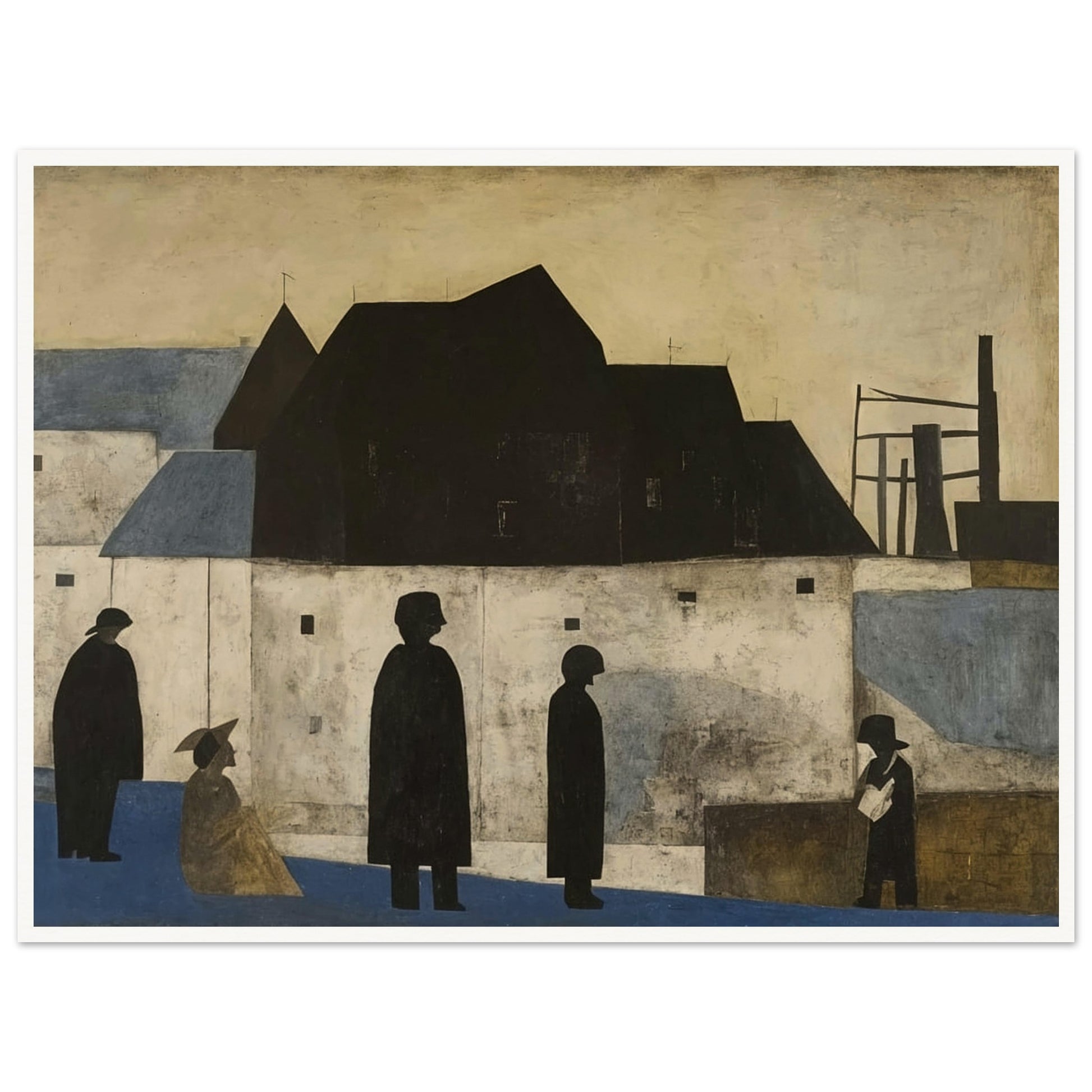 A painting of silhouetted figures in a townscape with dark buildings and industrial structures against a muted sky.