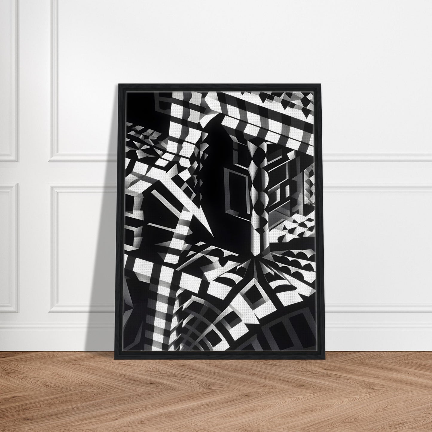 A striking black-and-white geometric composition with sharp angular patterns, distorted perspectives, and abstract architectural elements creating an optical illusion.