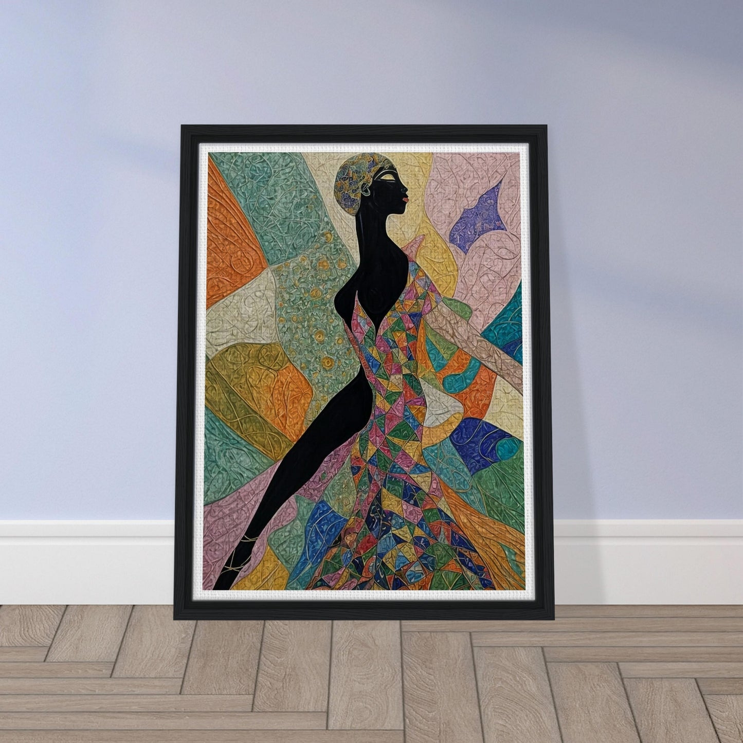 "A dynamic painting featuring a woman in a bold, geometric dress full of colors, poised in elegant motion, set against a vibrant abstract background."