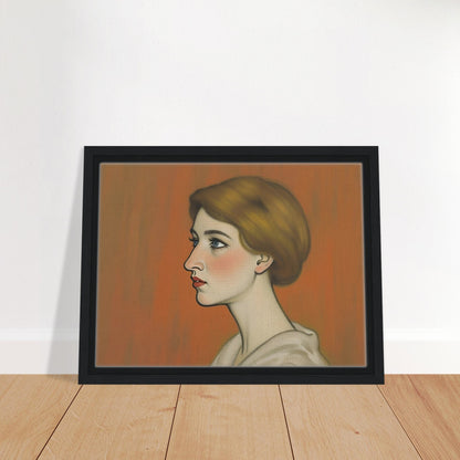 A refined side-profile portrait of a woman with auburn hair, delicate features, and soft blue eyes against a warm amber backdrop.