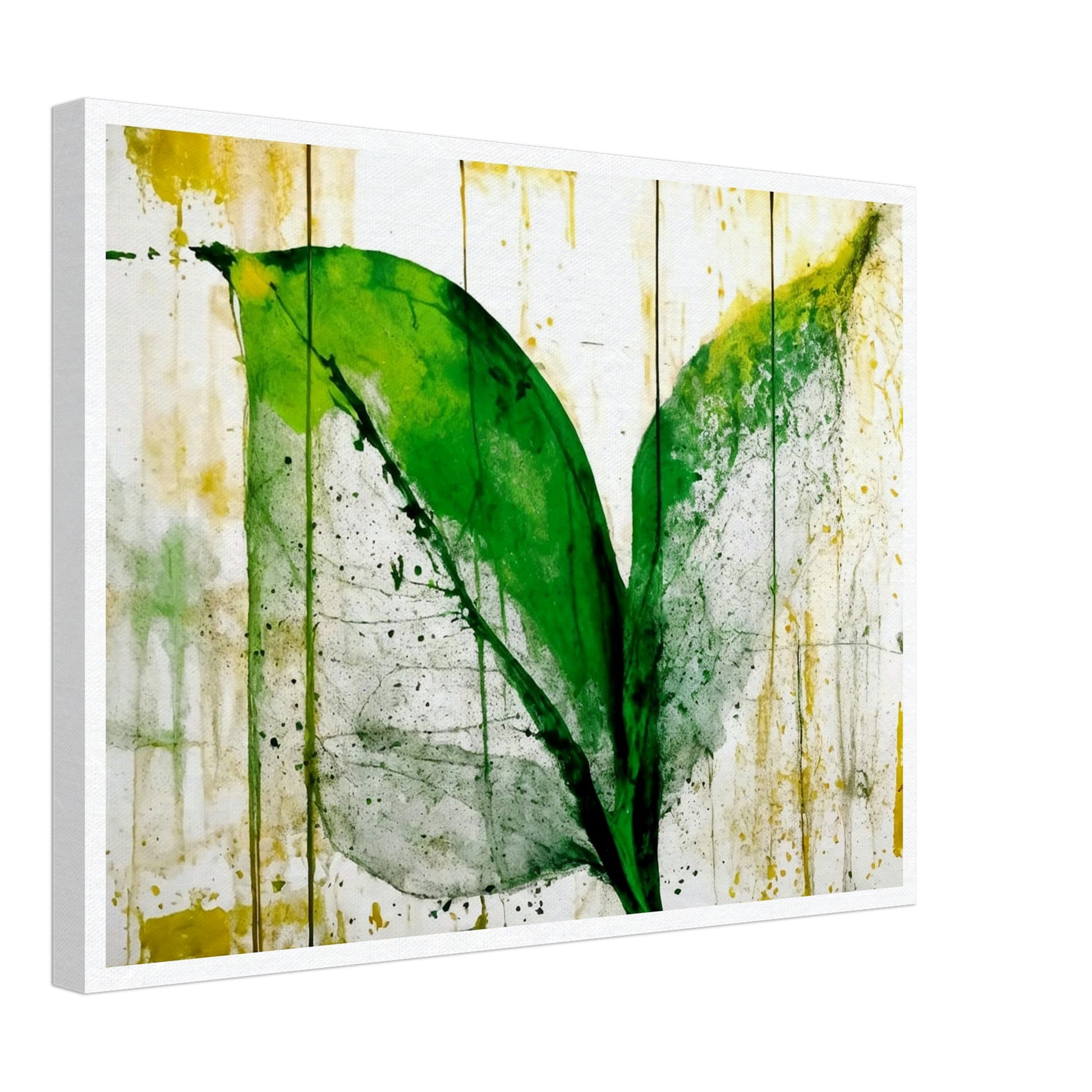 A vibrant green leaf with abstract textures and splashes of yellow on a white background, evoking a fresh and organic feel with artistic brushstrokes.