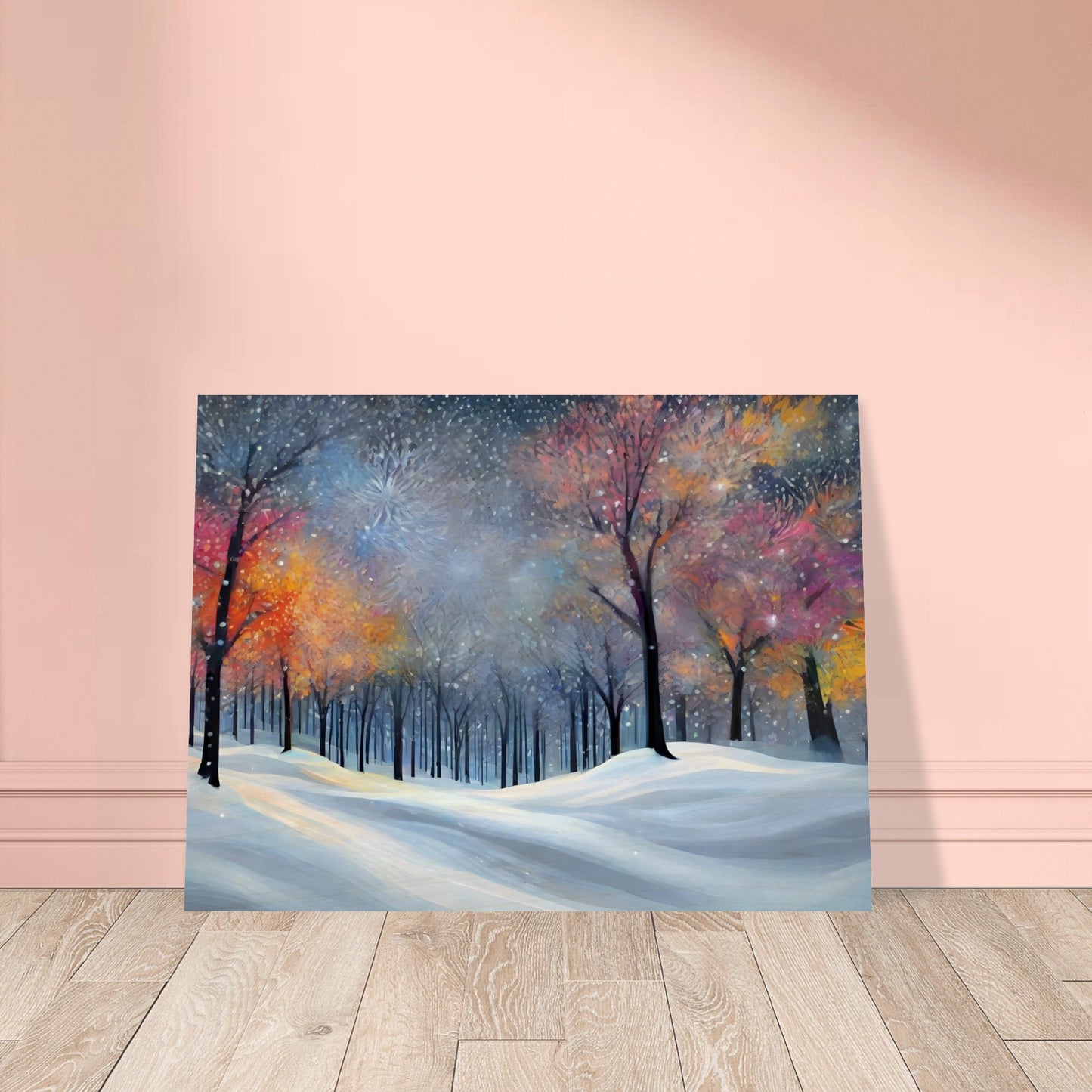 A magical winter forest with colorful, softly glowing trees covered in snow, surrounded by a serene snowfield under a shimmering twilight sky.

