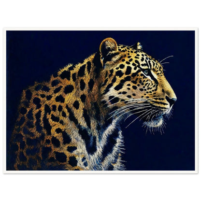 A detailed painting of a leopard against a dark background, showcasing its beautiful spotted coat and intense gaze.