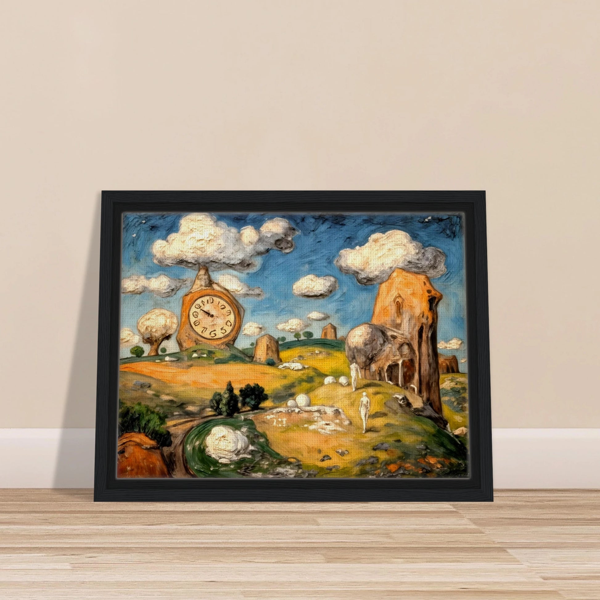 A surreal fantasy landscape featuring a distorted clock tower, cloud-capped buildings, rolling hills, and wandering figures beneath a bright blue sky filled with floating clouds.