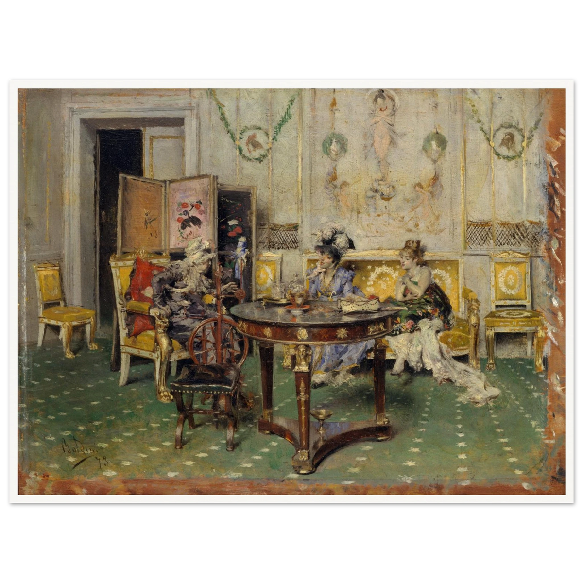 Three elegantly dressed figures gather around a round tea table in an ornate salon with gilded chairs and painted walls.