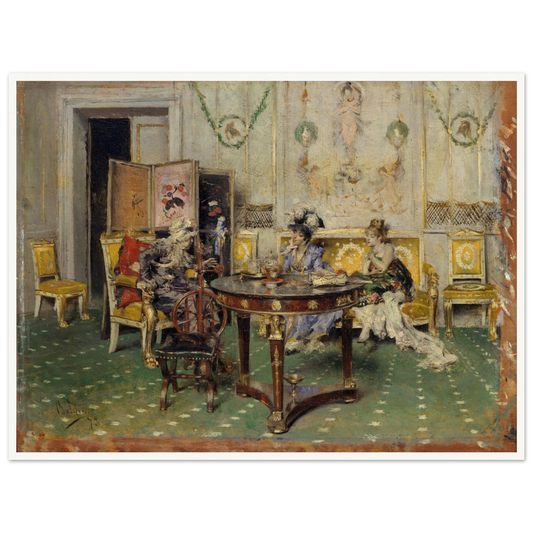 Three elegantly dressed figures gather around a round tea table in an ornate salon with gilded chairs and painted walls.