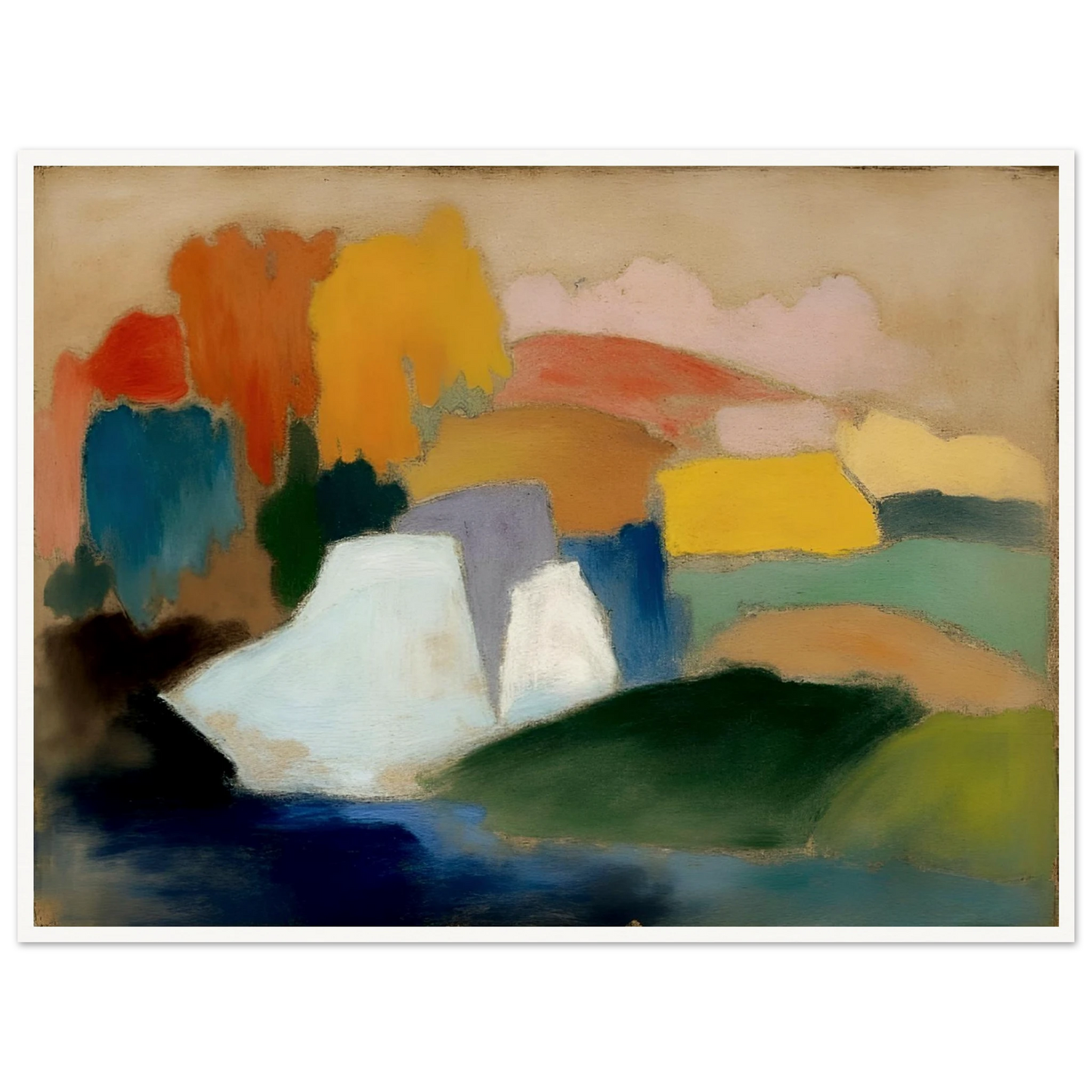 Soft fields, pale hills, and blue water blend with warm trees in a calm landscape.