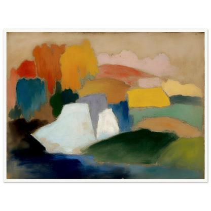 Soft fields, pale hills, and blue water blend with warm trees in a calm landscape.