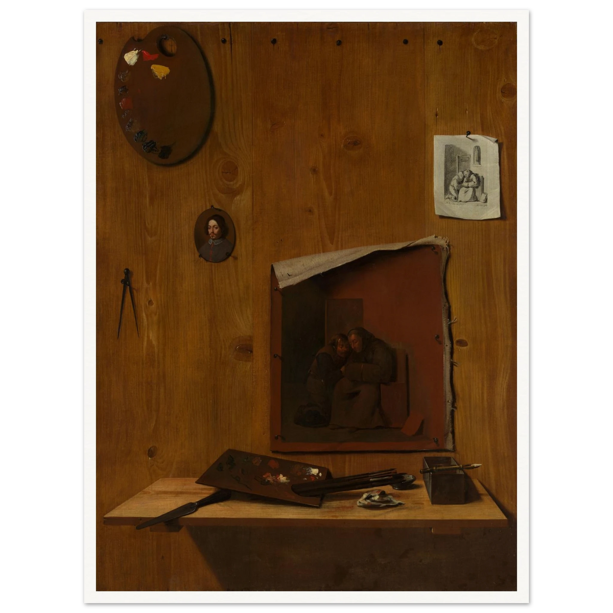 Artist palettes, brushes, prints, and a small painting hang on a wooden trompe l’oeil wall.