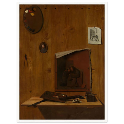 Artist palettes, brushes, prints, and a small painting hang on a wooden trompe l’oeil wall.
