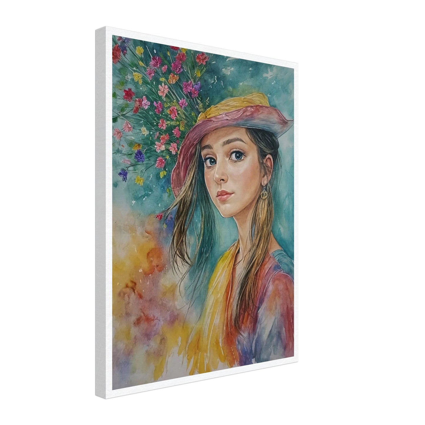 A young woman in a colorful hat gazes softly, with vibrant spring flowers blooming behind her, capturing the essence of youth and nature.