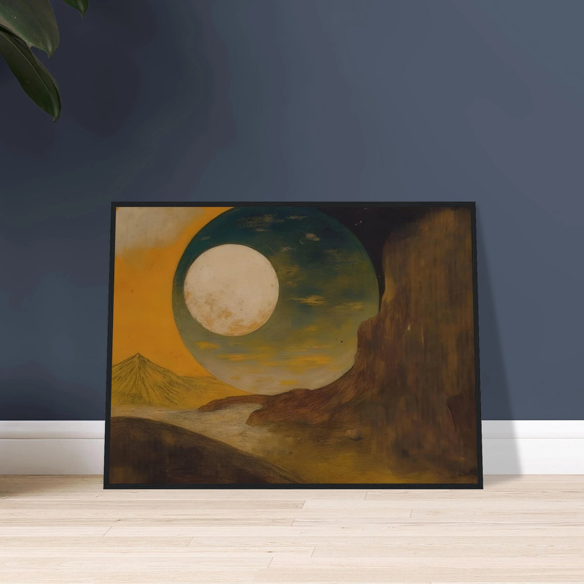 A glowing moon rises over desert cliffs, golden sky, distant pyramid, and shadowed hills.