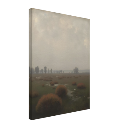 A misty field with distant trees under a pale sky, capturing the quiet stillness of a fog-laden morning.