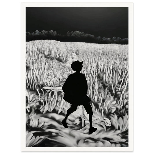 A silhouette of a lone figure walking through an expansive field, under a dark, cloudy sky, creating a striking contrast in black and white tones.